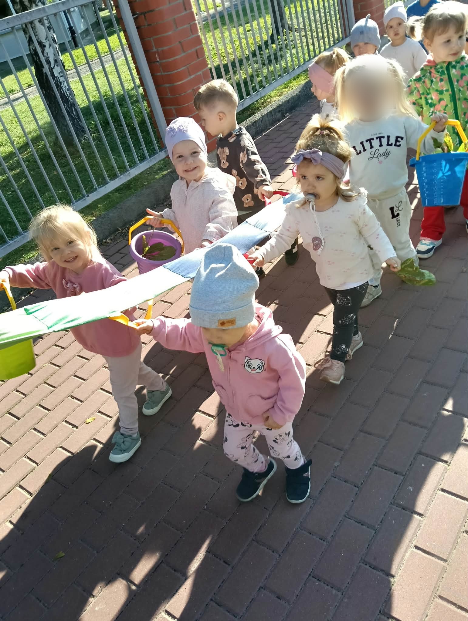 Zdjęcie przedstawia dzieci podczas spaceru i szukania darów jesieni