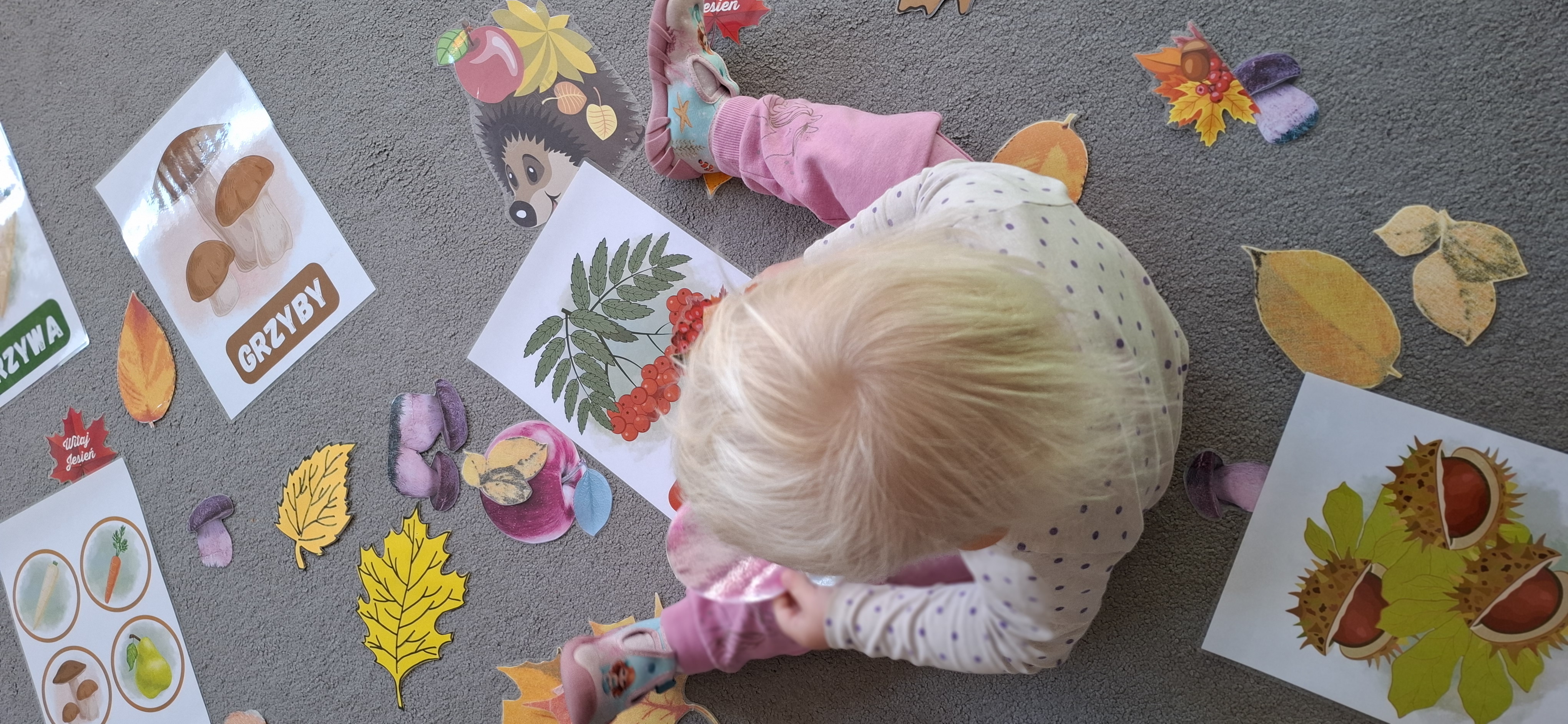 Zdjęcie przedstawia dzieci podczas zajęć o tematyce jesiennej